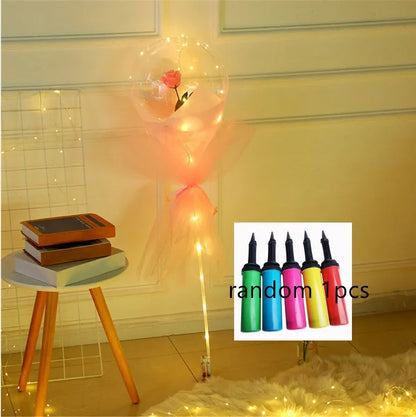 Transparent LED luminous balloon rose bouquet with artificial flowers and illuminated lights