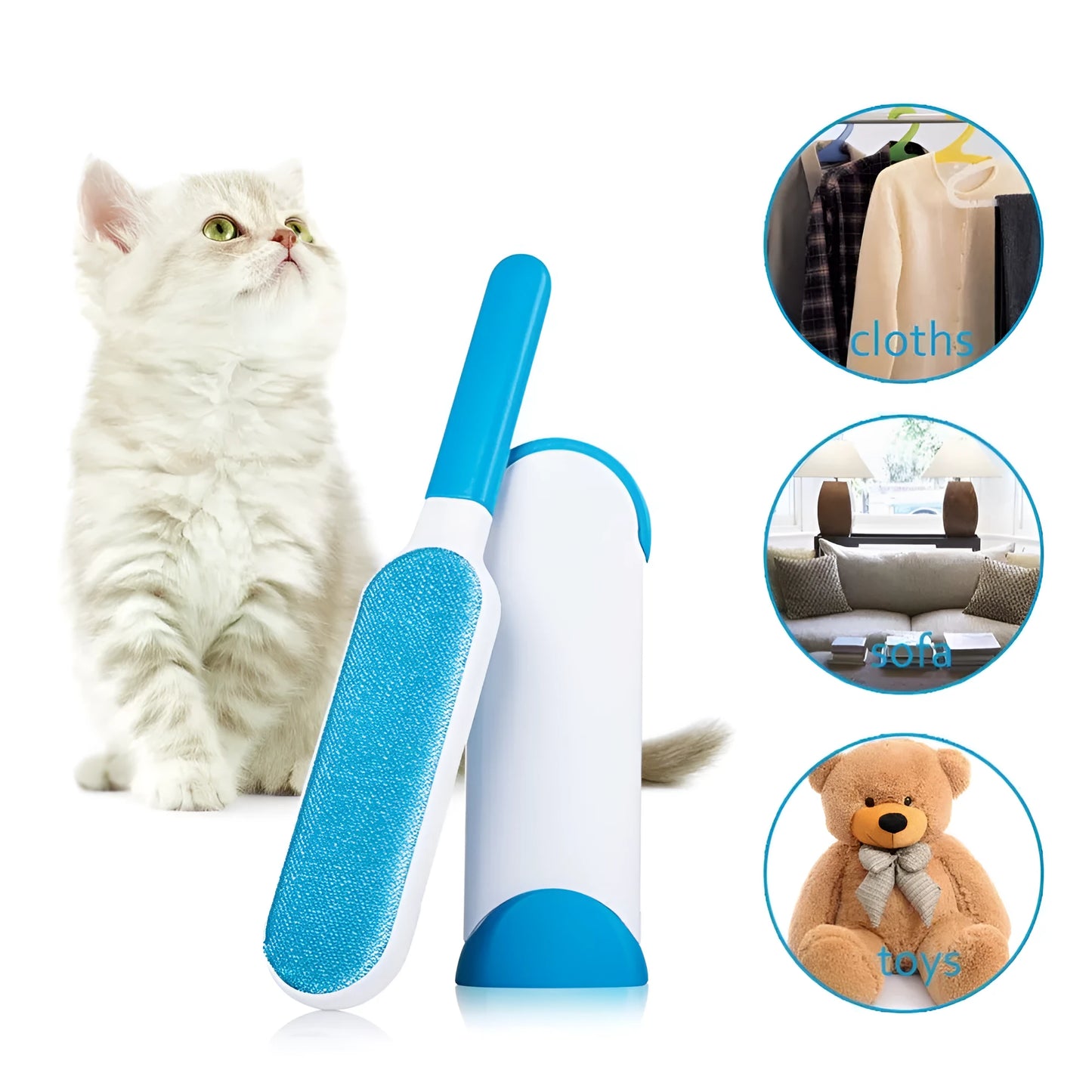 Blue reusable pet hair removal comb with sticky brush and self-cleaning base for sofas.