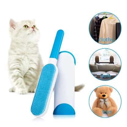 Blue reusable pet hair removal comb with sticky brush and self-cleaning base for sofas.