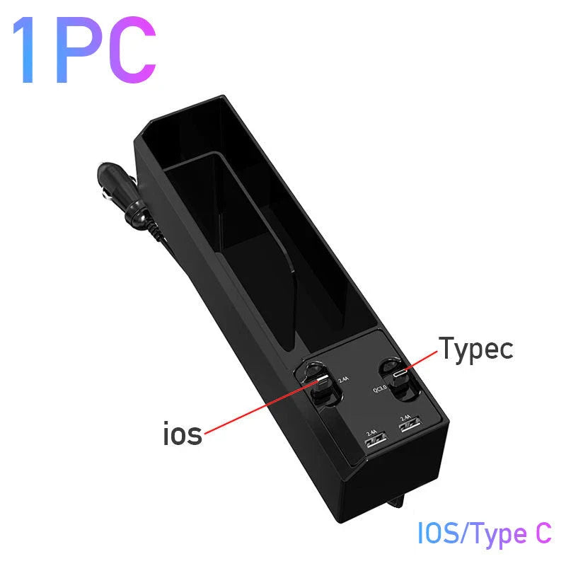 Car organizer with charging ports to store small items and keep devices powered up in vehicle