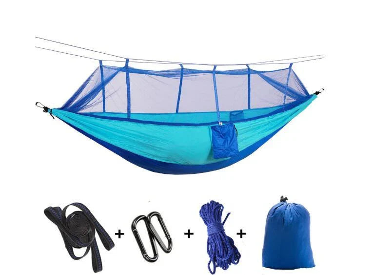 Lightweight and portable parachute hammock with mosquito net for outdoor relaxation