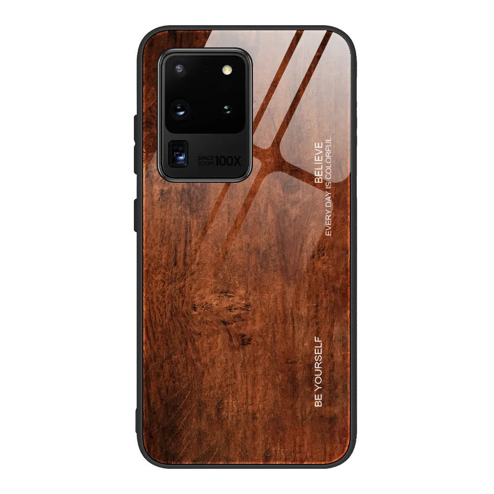 Wood grain tempered glass back cover phone case for Samsung Galaxy, simple style, colours M01 to M06