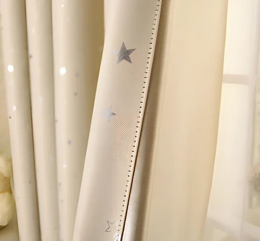 Star print perforated curtain in blue, cream, green, navy blue, or pink with 100% acrylic fibre construction