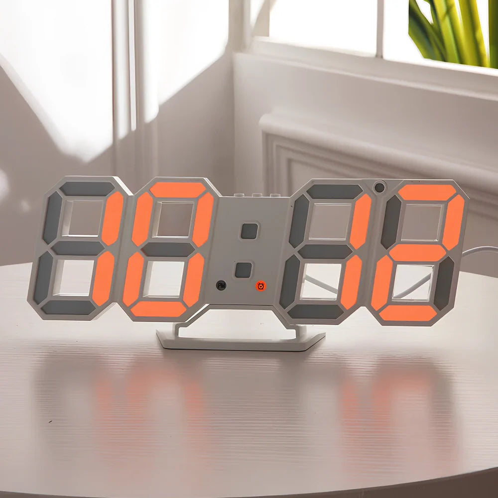 3D LED digital clock showing time and temperature display with adjustable brightness settings