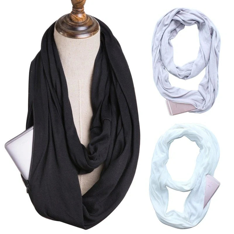 Versatile zipper infinity scarf with hidden pocket, made of soft polyester fabric in classic colors like black, gray, and white.