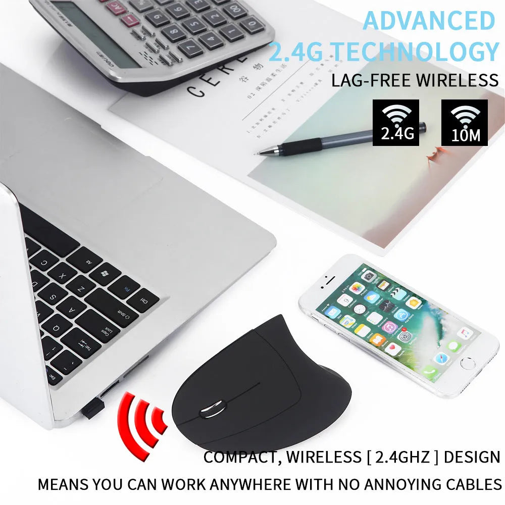 Black left hand vertical wireless mouse with DPI button, thumb buttons, 108g, 4.92 x 2.56 x 3.23 inches