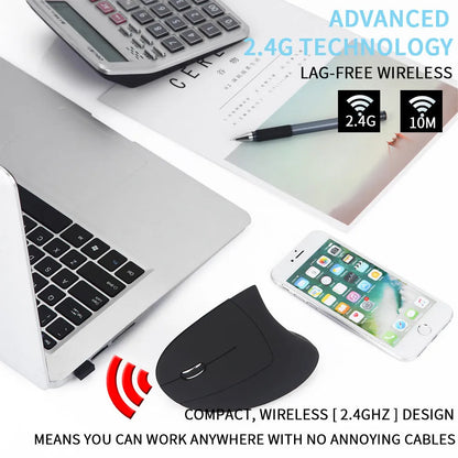 Black left hand vertical wireless mouse with DPI button, thumb buttons, 108g, 4.92 x 2.56 x 3.23 inches