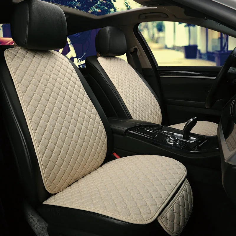 Flax linen car seat cover protector in beige, black, red and brown, with cushion and five-seat style options.
