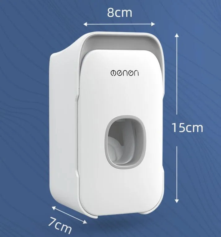 Automatic toothpaste dispenser with motion sensor and LED light in blue, grey or pink colours mounted on bathroom wall