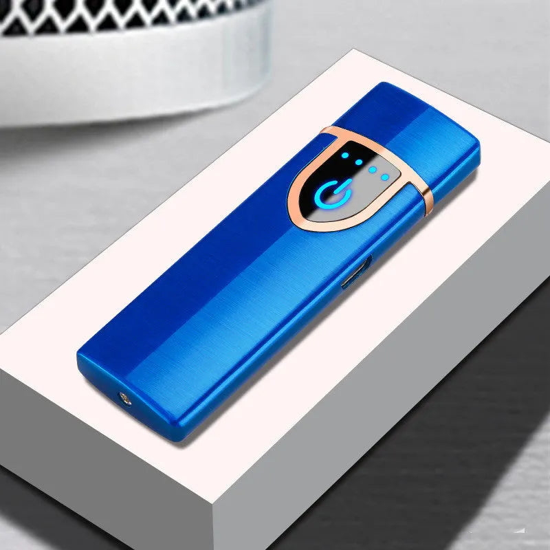 USB rechargeable double arc lighter in zinc alloy with ice noodle finish, 73x35x11mm, available in six colours