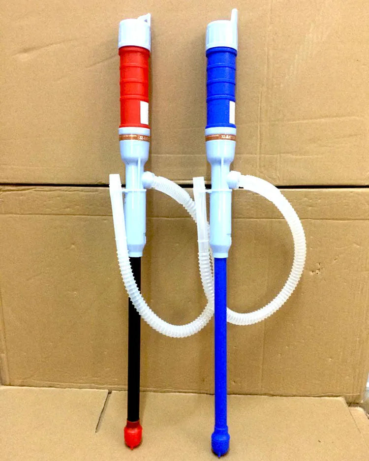Blue and red manual siphon hand pump for fuel and oil transfer.