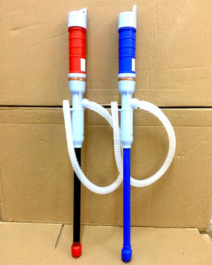 Blue and red manual siphon hand pump for fuel and oil transfer.