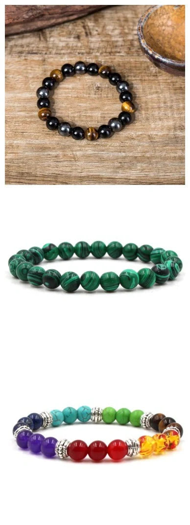 Elegant malachite stone bracelets with unique textures and patterns, perfect for a stylish accessory.
