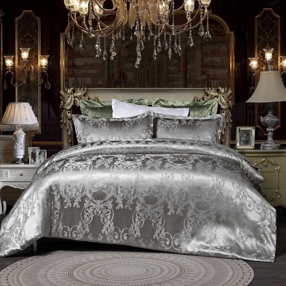 Polyester bedding set with Jacquard weave pattern in multiple colour options showing quilt cover and pillowcases