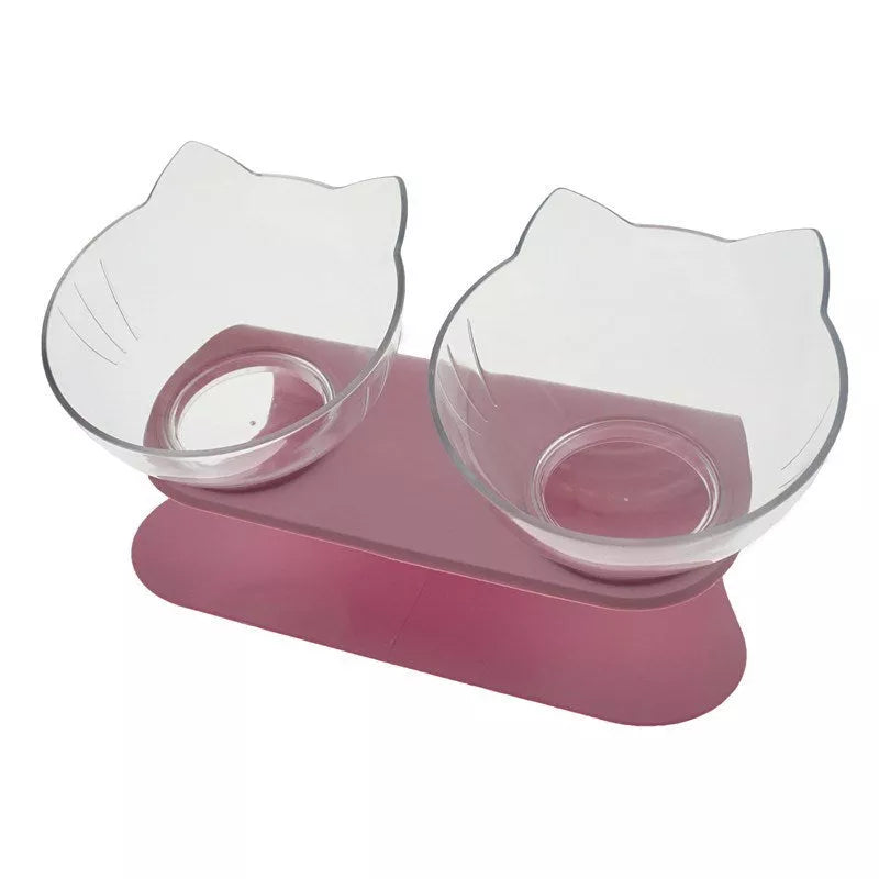 Double bowl cat food bowl with 15° tilt for cervical protection, transparent design with cute cat face