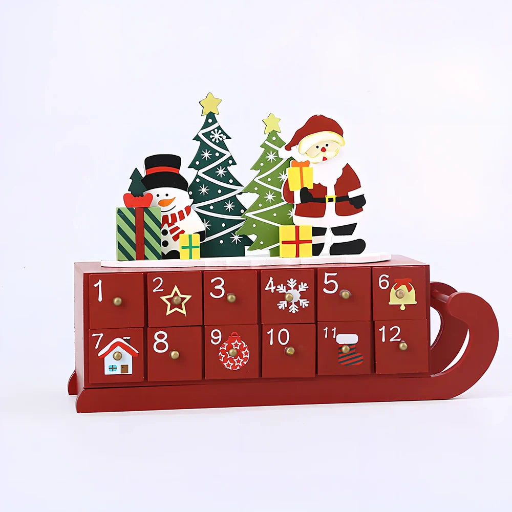 Handcrafted wooden Christmas window decorations showing nine designs including bears, houses, trees and vehicles