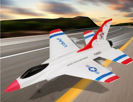 Blue fixed-wing educational toy aeroplane with 390mm length demonstrating flight with remote control