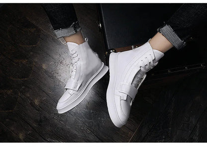 PU leather men's ankle boots in black and white, high-top sneaker style with microfiber upper, sizes 38-43