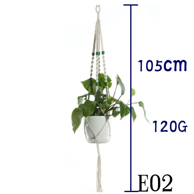 Beige cotton rope hanging basket with various styles for indoor plant display