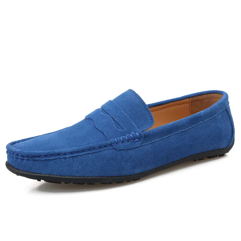 Men's suede loafers in black, blue, dark blue, wine red, and yellow colours with round toe and slip-on design.