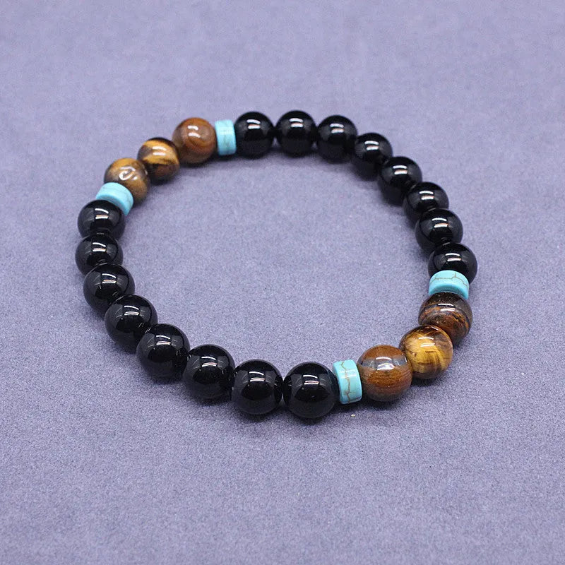 Black agate bracelet and tiger's eye stone necklace jewellery set with geometric shapes