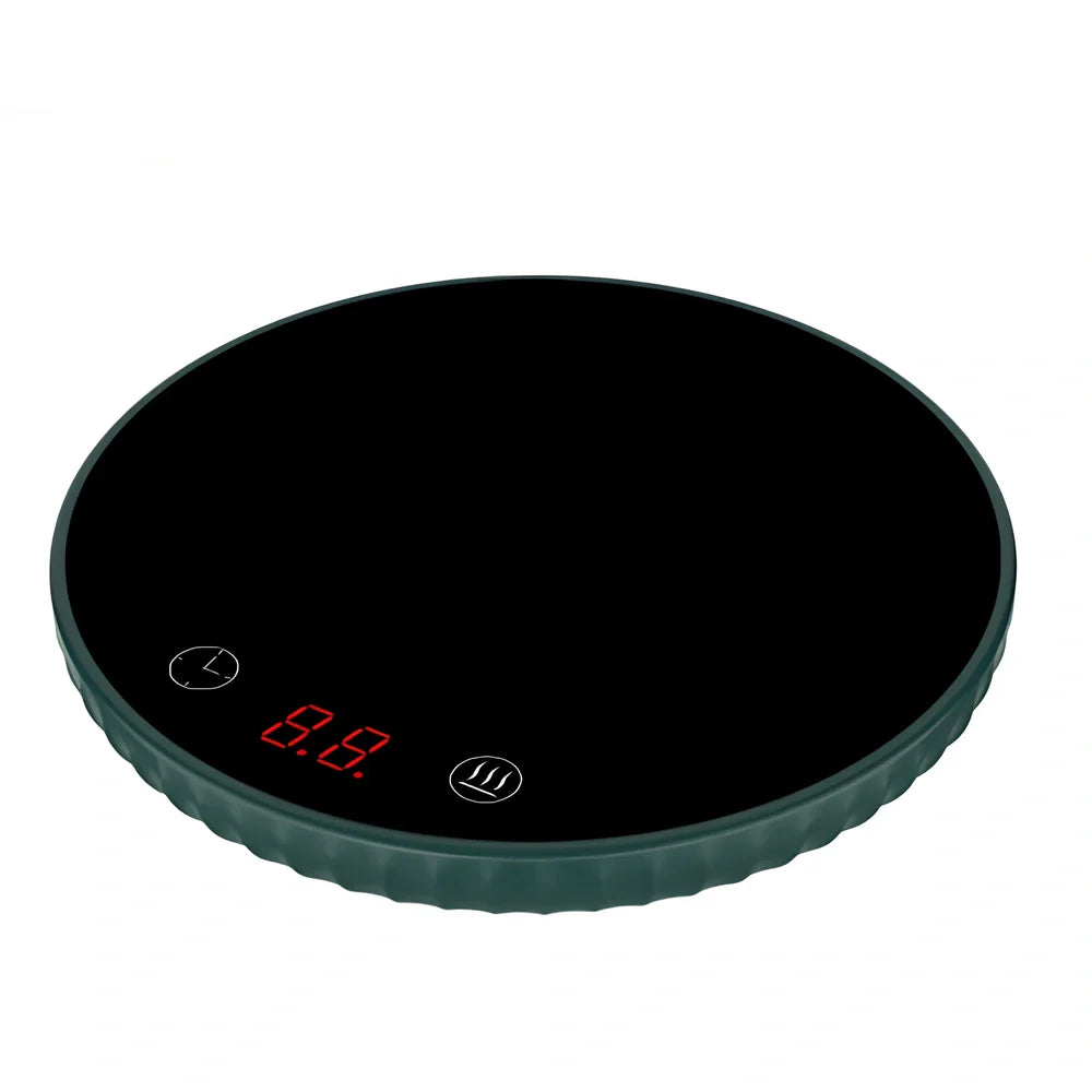 Black electric cup warmer with digital display showing temperature, 115mm diameter, 20mm thickness