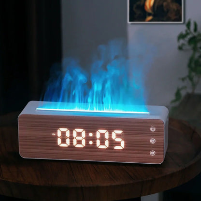 White flame-shaped humidifier with clock display measuring 28cm wide on desktop