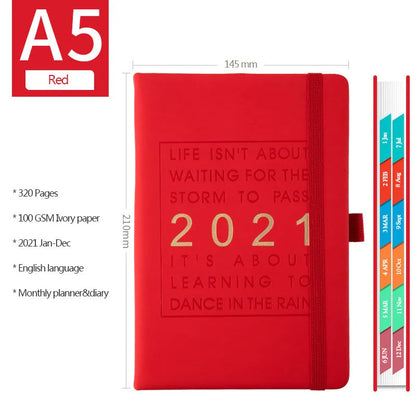 A5 daily planning notebook with imitation leather cover in five colours, open to show calendar and writing pages.