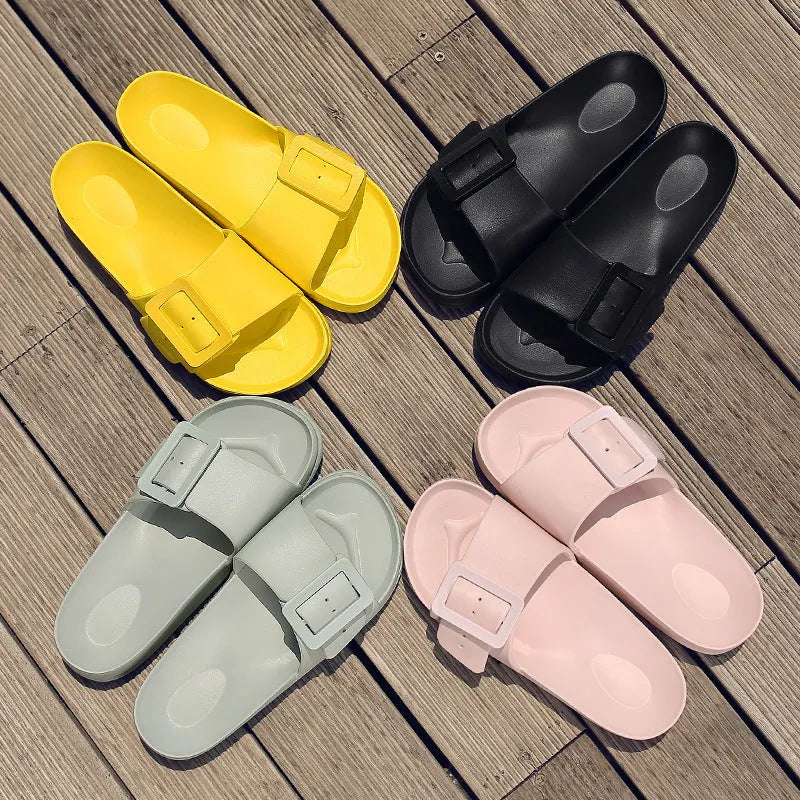 Women's grey blue flip-flop slippers with adjustable buckle and 1.5cm EVA sole