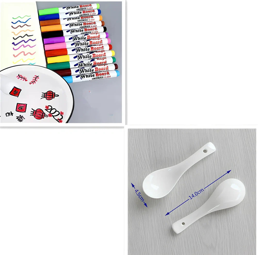 Children's 12-colour floating pen water painting set with plastic spoon, 15cm pens for mess-free art on paper
