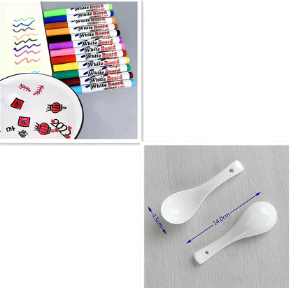 Children's 12-colour floating pen water painting set with plastic spoon, 15cm pens for mess-free art on paper