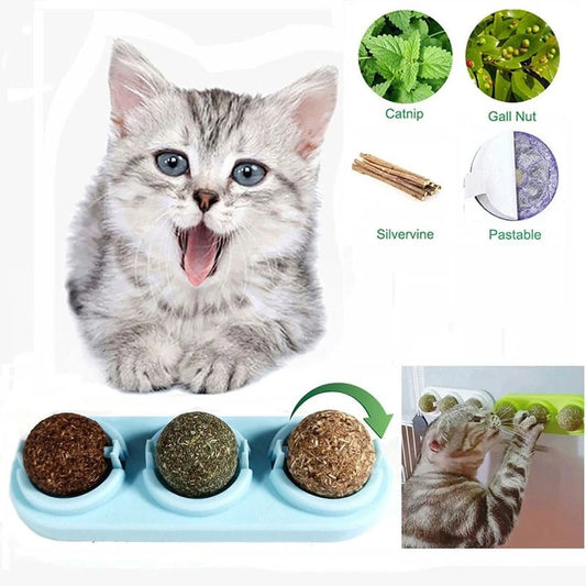 3-Piece Self-Adhesive Rotated Catnip Lick Ball Set for Cats, promoting dental health and interactive play