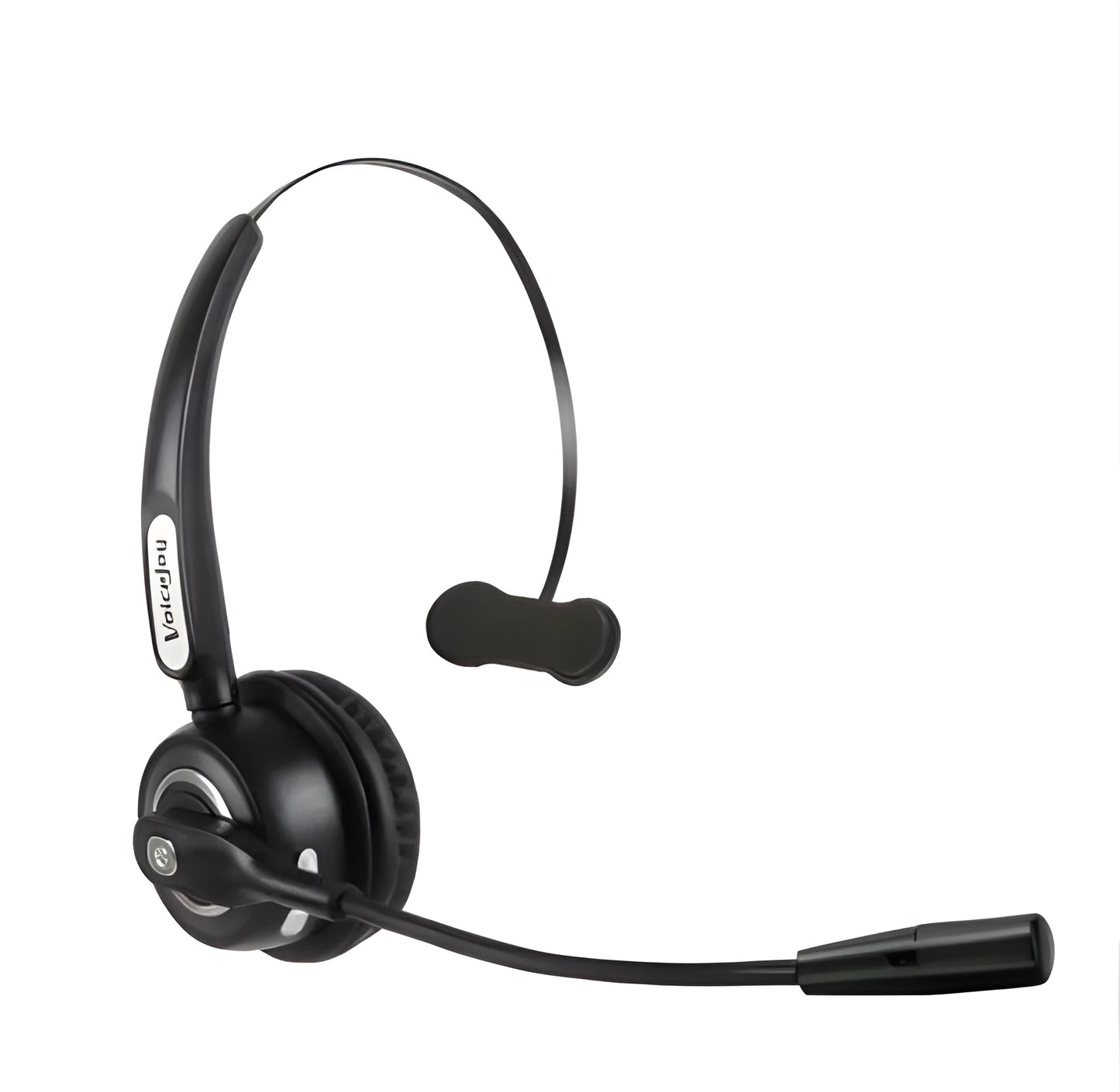 Over-ear Bluetooth headset with microphone for truck drivers and office use, shown with a USB charging cable.