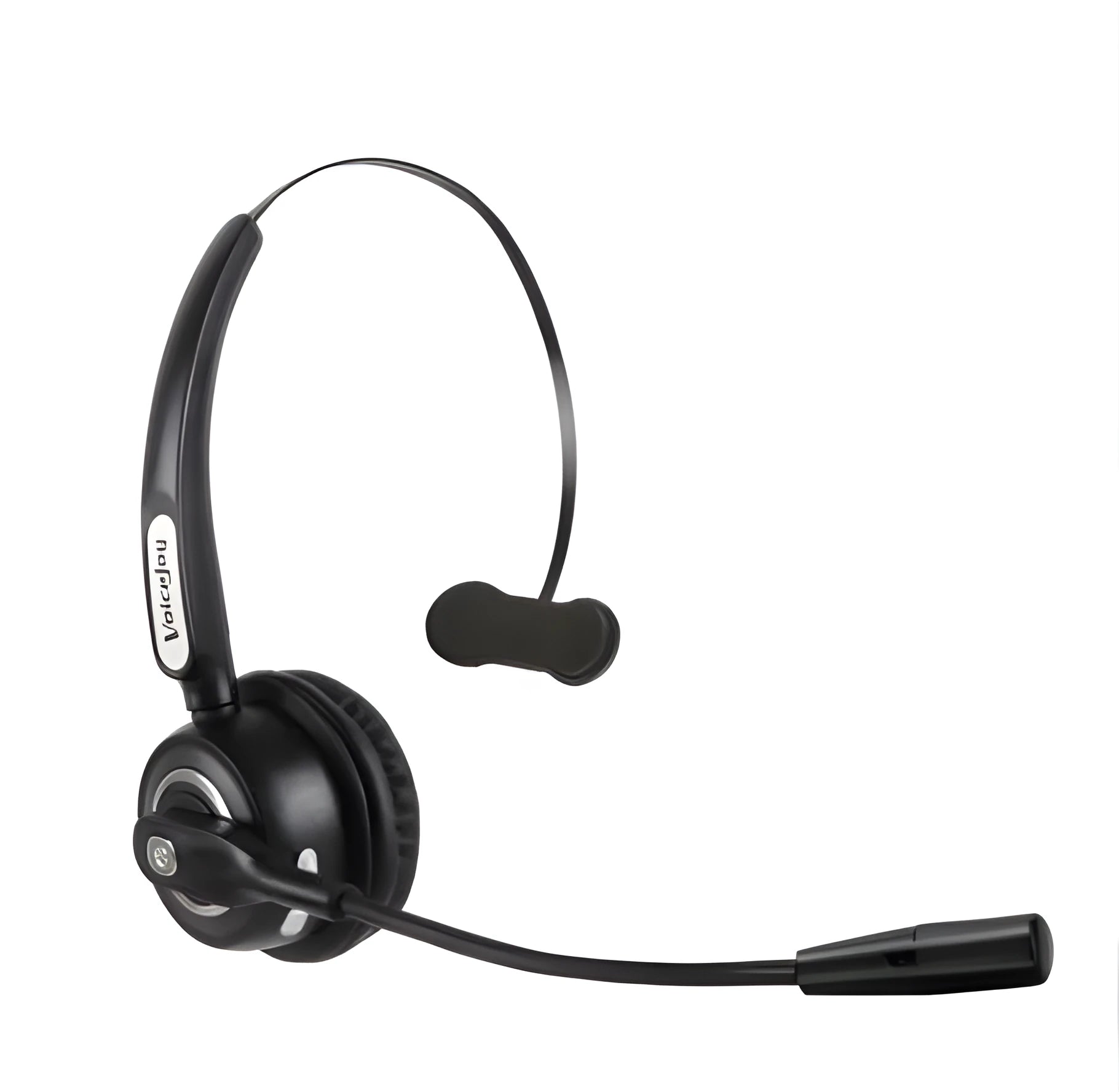Over-ear Bluetooth headset with microphone for truck drivers and office use, shown with a USB charging cable.