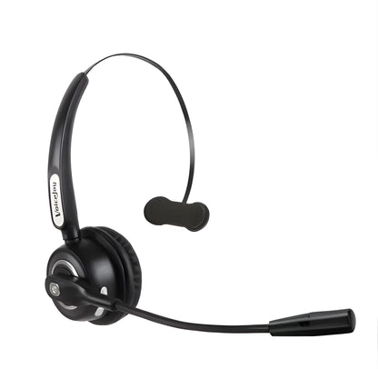 Over-ear Bluetooth headset with microphone for truck drivers and office use, shown with a USB charging cable.