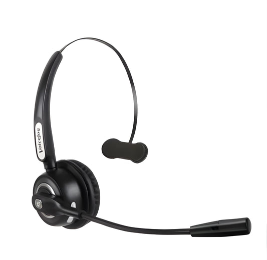 Over-ear Bluetooth headset with microphone for truck drivers and office use, shown with a USB charging cable.