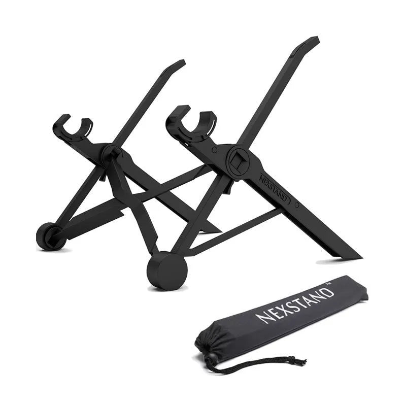 Sagacious black folding laptop stand with carrying case, shown folded and unfolded