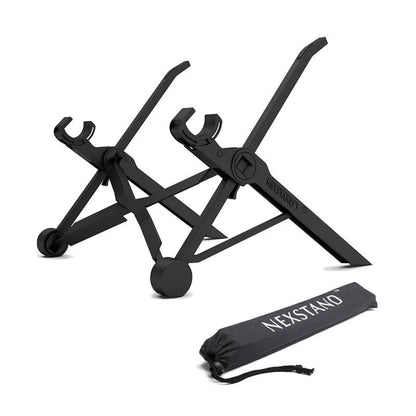 Sagacious black folding laptop stand with carrying case, shown folded and unfolded