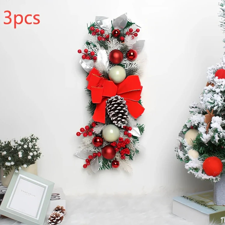 Christmas door curtain with glowing upside-down tree design in red, blue, or gold colours