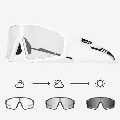 Photochromic cycling sports goggles with a semi-rimless TR90 frame and adaptive tint lens.