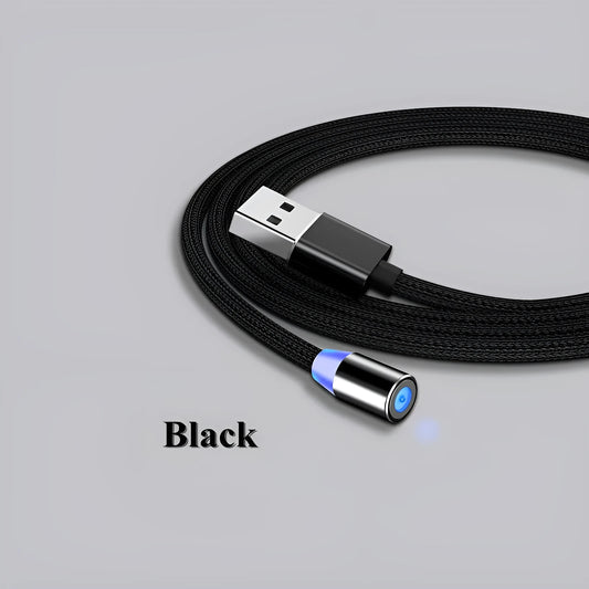 Black magnetic USB charging cable with LED indicator light showing active charging connection