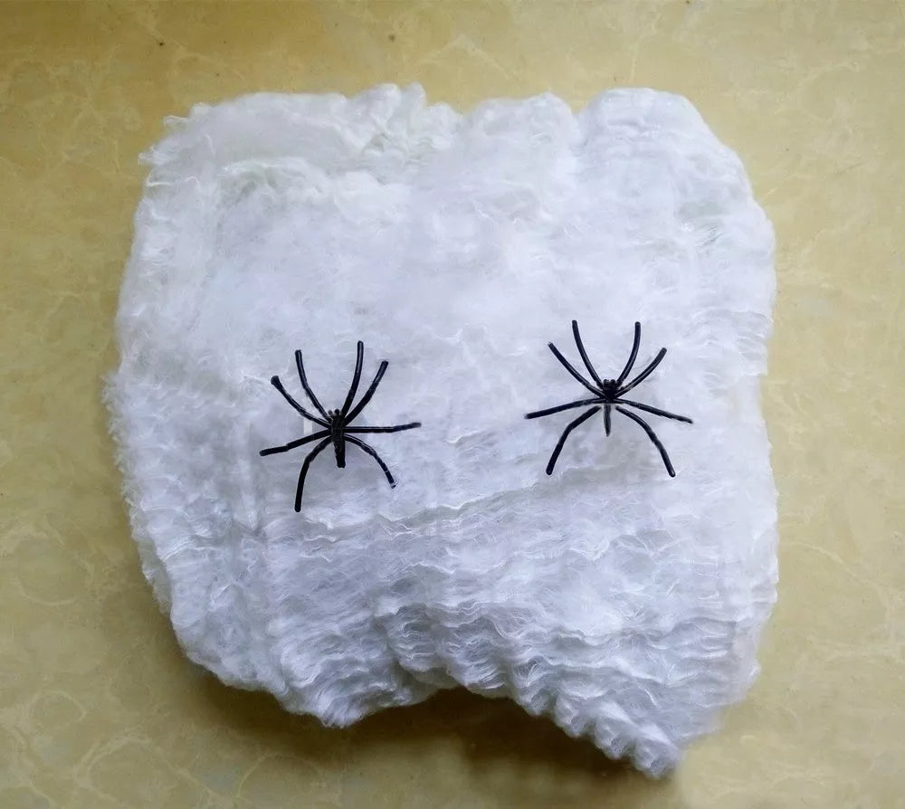 Realistic Halloween spider cotton web decoration with small spiders, available in multiple colors