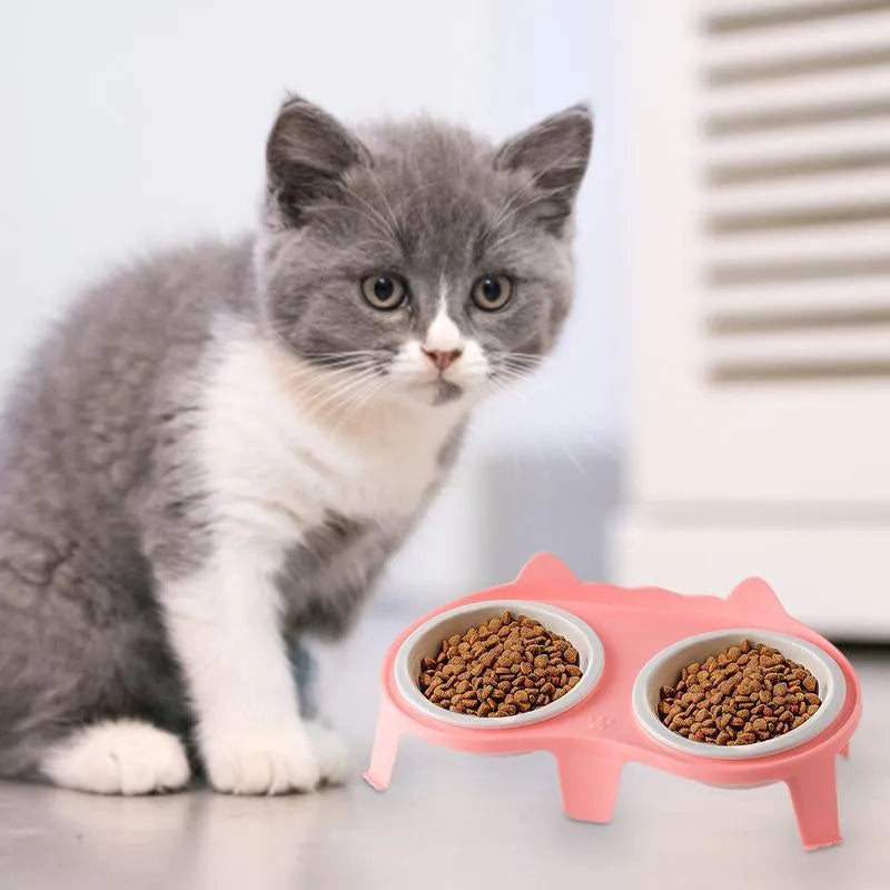 Ceramic pet bowl set elevated tilted food and water bowl stand for indoor cat dishes with hook design, 28cm width, 400g weight, available in blue, pink, white, and yellow