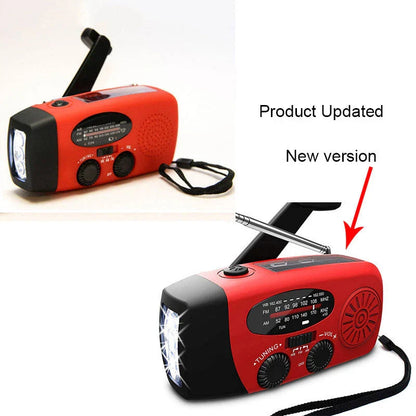 Powerful solar-powered radio and flashlight with hand crank and USB charging capabilities