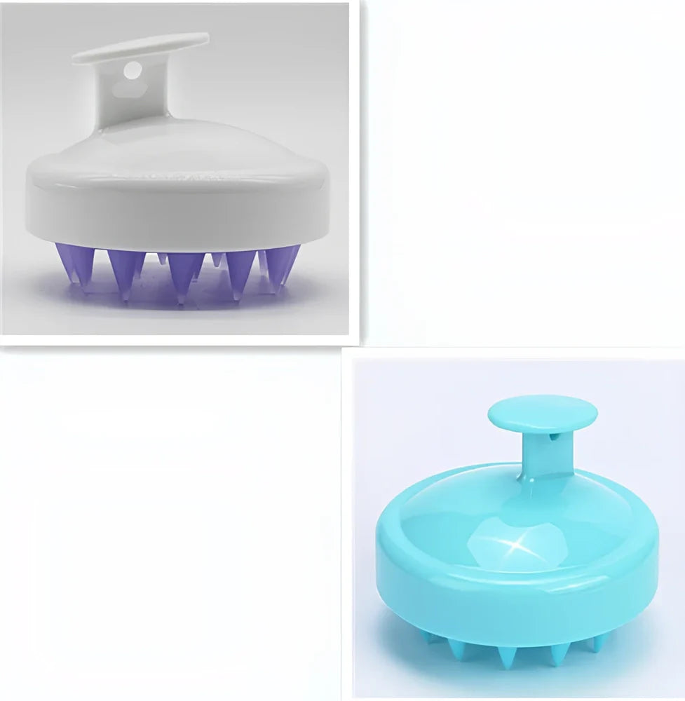 Black silicone shampoo brush with hook design measuring 8x8x7cm for scalp massage during hair washing