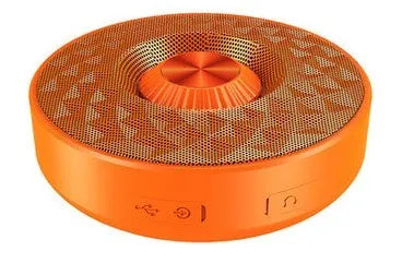 Bluetooth wireless mini speaker in black, orange, and silvery white colours showing compact 10cm size and USB-C port