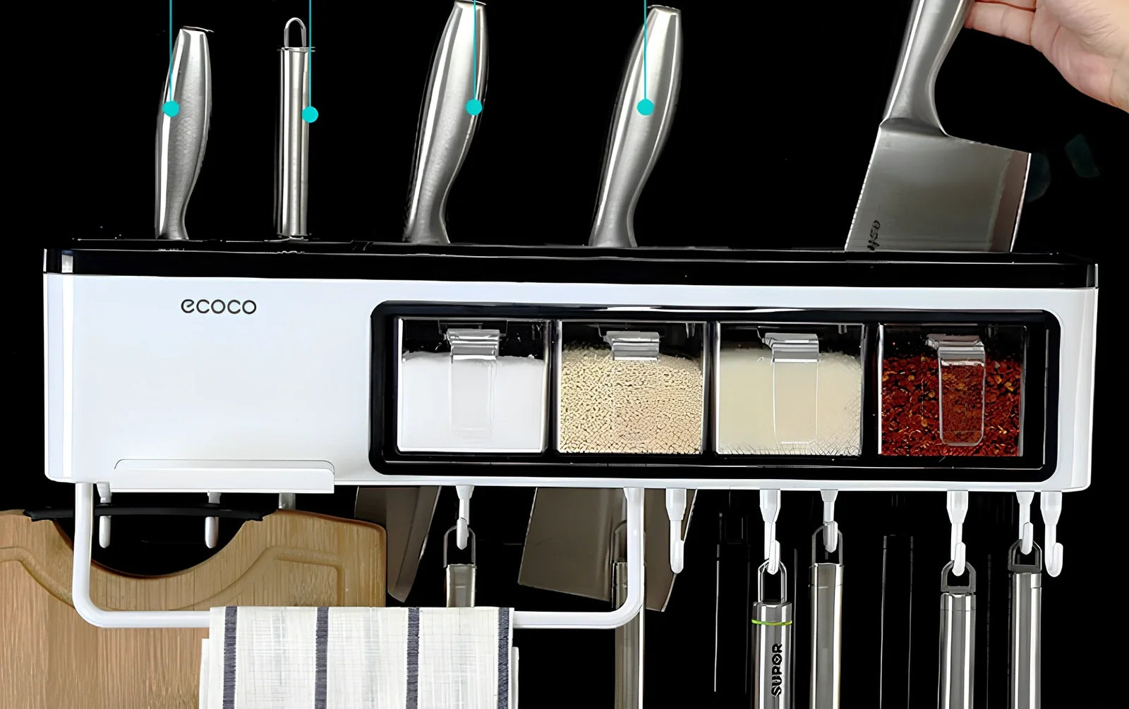 White wall-mounted plastic kitchen storage box for organising tools and utensils