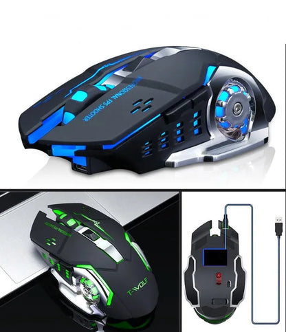 Black wireless mouse with six buttons on a wooden desk next to a laptop, showing side programmable keys and scroll wheel.