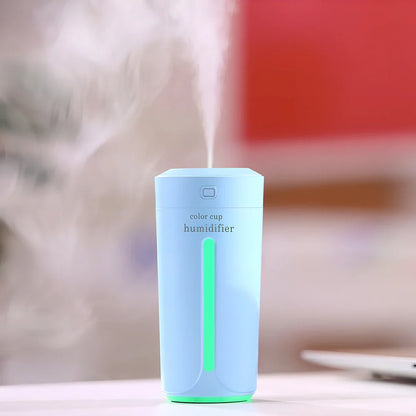 Mini USB humidifier with transparent water tank showing 7-colour LED illumination