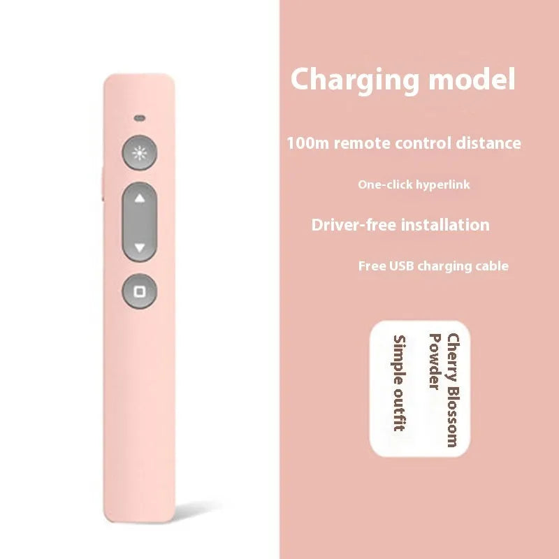 A whiteboard remote control pen for PPT presentations, shown in black, white, and pink colour options.